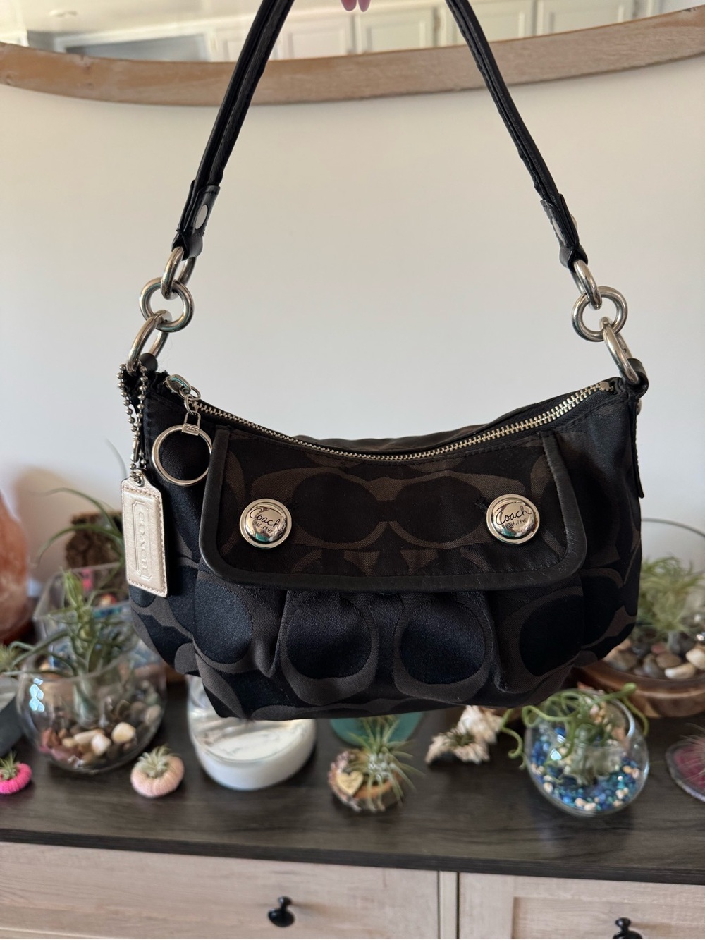 Coach Signature Black Jacquard Flap Shoulder Bag Red Satin Lining  13833